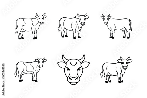 Dairy cow symbols line icon set. Cows in different poses vector set white background
