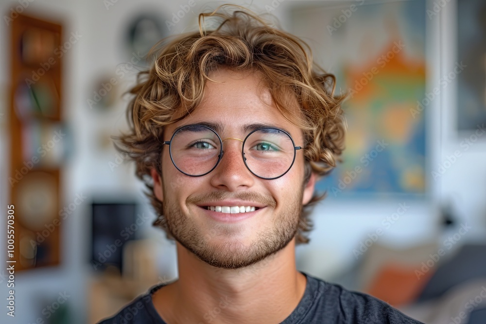 Young man with glasses is smiling and looking at the camera Young man with glasses is smiling and looking at the camera