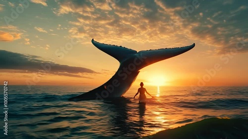 Wallpaper Mural Silhouette of Woman and Whale Tail at Sunset in Ocean Scene Torontodigital.ca