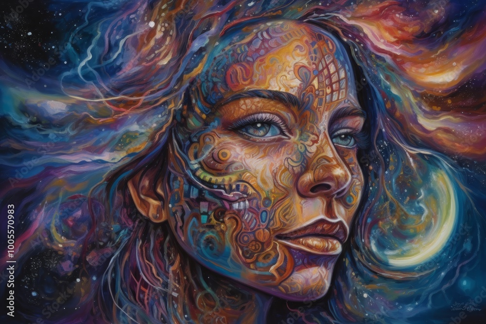 A vibrant, cosmic portrait of a woman with intricate patterns. A vibrant, cosmic portrait of a woman with intricate patterns.
