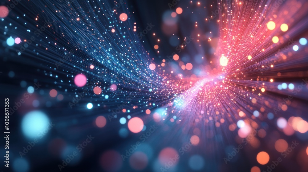 Abstract digital artwork featuring vibrant particles and light trails in motion. Abstract digital artwork featuring vibrant particles and light trails in motion.