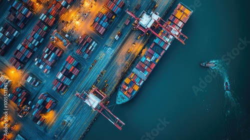 Aerial view of a bustling cargo port at night, showcasing illuminated containers and ships in the water.