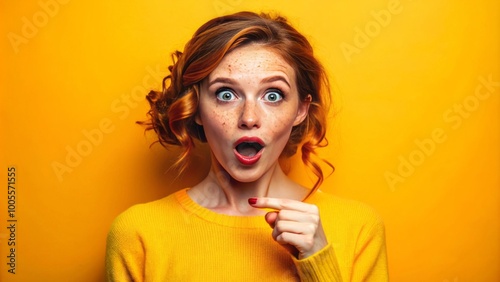 Freckles adorn a surprised young woman as she points downward, her expression lively against the vibrant yellow-orange