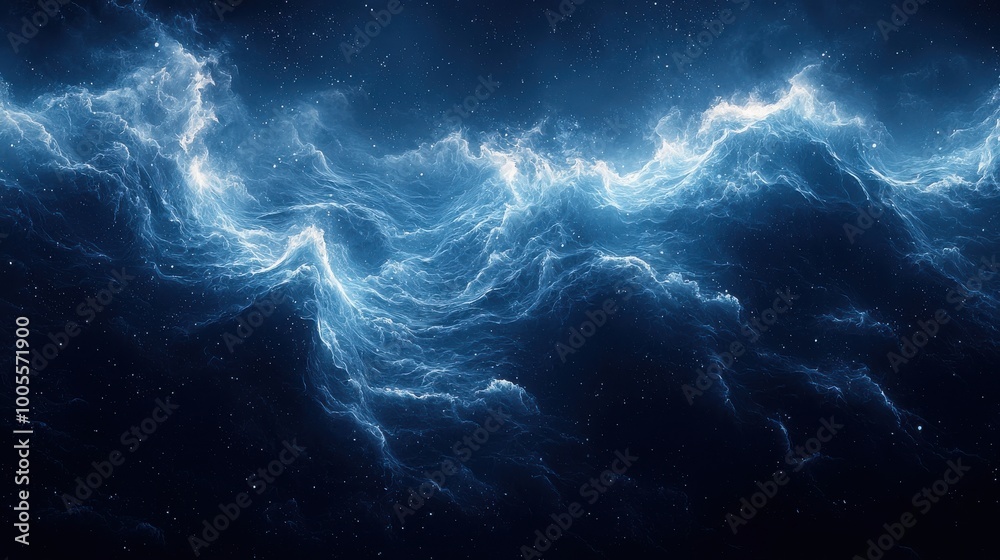Obraz premium A vibrant display of swirling blue clouds illuminated by starlight in a vast cosmic expanse