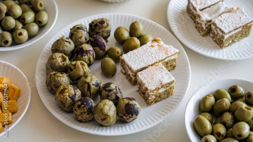 Fasting food plate with traditional dishes: olives, dolma, halva, and lagana on a white plate photo