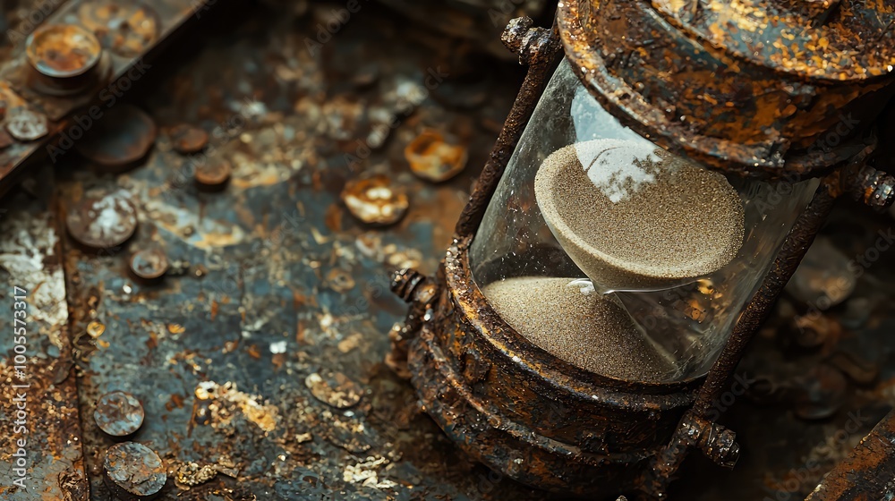 An antique hourglass surrounded by rust and coins, symbolizing the passage of time and nostalgia. An antique hourglass surrounded by rust and coins, symbolizing the passage of time and nostalgia.