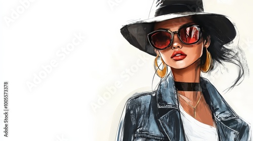 Create a fashion illustration featuring a model wearing a stylish outfit against a crisp white
