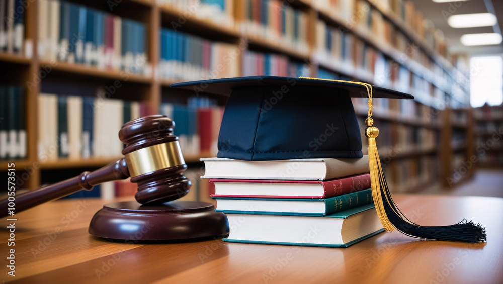 court judge gavel and textbook with a mortarboard on books in a library, ai generated court judge gavel and textbook with a mortarboard on books in a library, ai generated