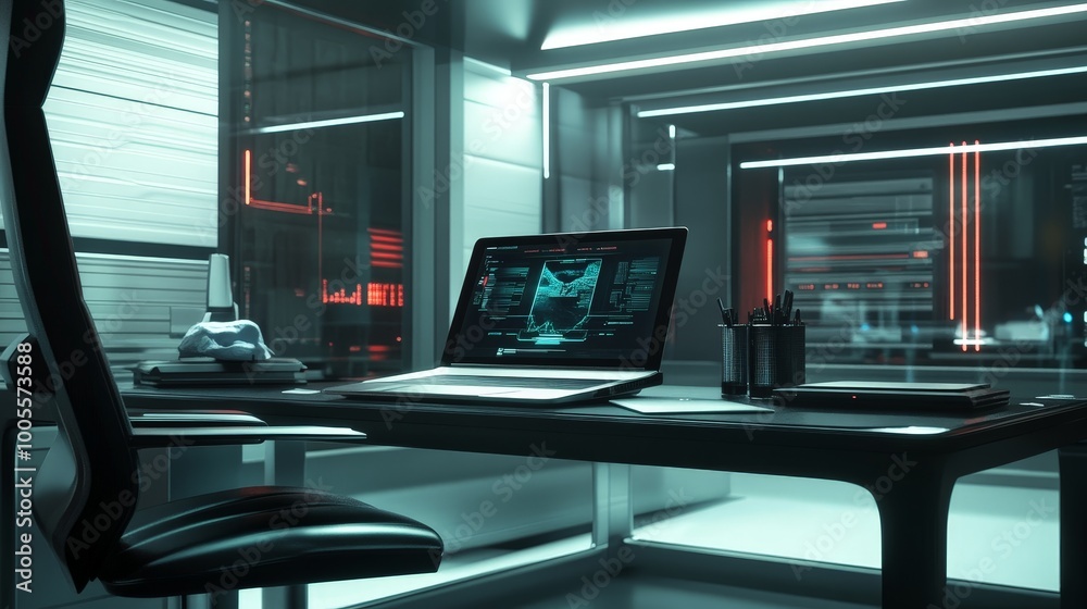 Create a futuristic office scene with a high-tech laptop featuring a holographic display. Create a futuristic office scene with a high-tech laptop featuring a holographic display.