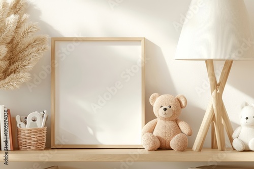 a blank wooden picture frame standing on a shelf in a kids nursery - mock-up template