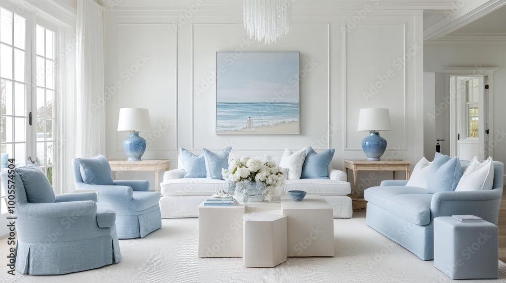 A serene living room featuring light blue decor, comfortable seating, and coastal artwork. A serene living room featuring light blue decor, comfortable seating, and coastal artwork.