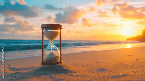 An hourglass on a sandy beach during sunset, symbolizing the passage of time and serene moments by the ocean.