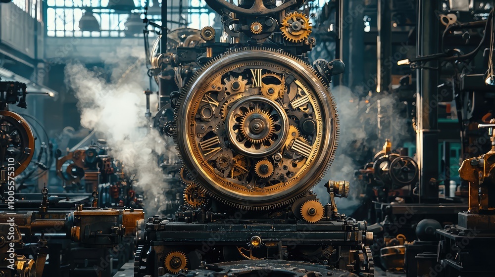 An intricate steampunk machinery featuring gears and pipes producing steam in a vintage industrial setting.