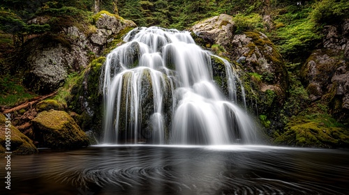 A cascading waterfall flows over moss-covered rocks into a still pool of water in a lush forest.