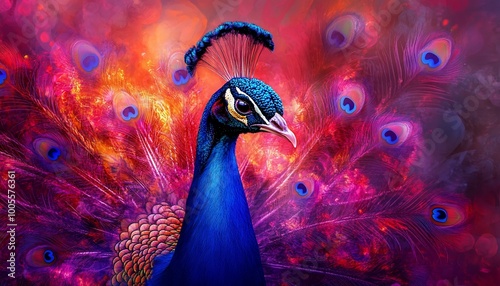 A peacock with its feathers spread out in a colorful, abstract background.