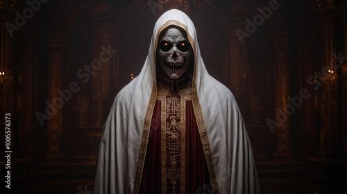 A demonic figure covered in the guise of a holy priest, presenting a sacred riddle that leads to corruption, deception hidden in plain sight, a dark temple scene