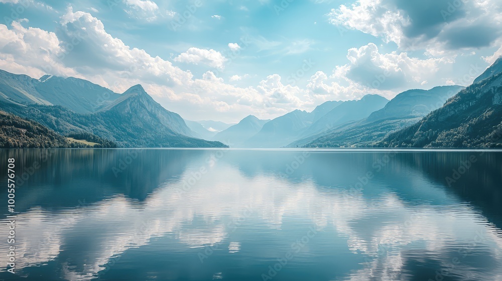 Fototapeta premium Breathtaking landscape featuring serene lake, majestic mountains, and a clear blue sky reflecting on the water's surface.