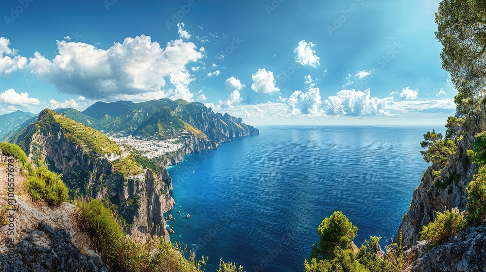 Naklejka premium Breathtaking panoramic view of mountains and clear ocean under a bright blue sky, perfect for nature and travel enthusiasts.
