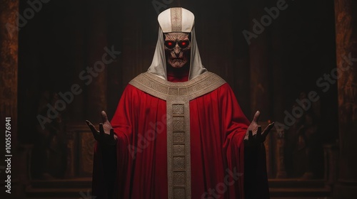 A demonic figure covered in the guise of a holy priest, presenting a sacred riddle that leads to corruption, deception hidden in plain sight, a dark temple scene