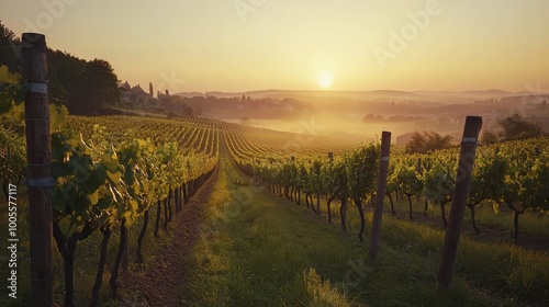 Breathtaking sunrise over a serene vineyard, showcasing rows of lush grapes under a golden sky and gentle mist.