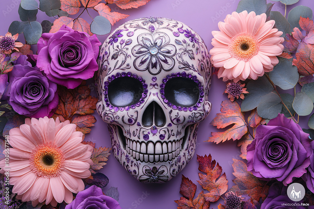 Skull adorned with intricate purple and silver floral patterns surrounded by vibrant flowers. Suitable for use in celebrations, festivals, and cultural events. Skull adorned with intricate purple and silver floral patterns surrounded by vibrant flowers. Suitable for use in celebrations, festivals, and cultural events.