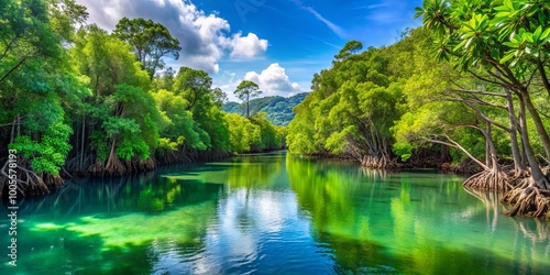 In Southern Thailand, a lush mangrove forest flourishes, with vibrant green foliage and winding waterways, painting a