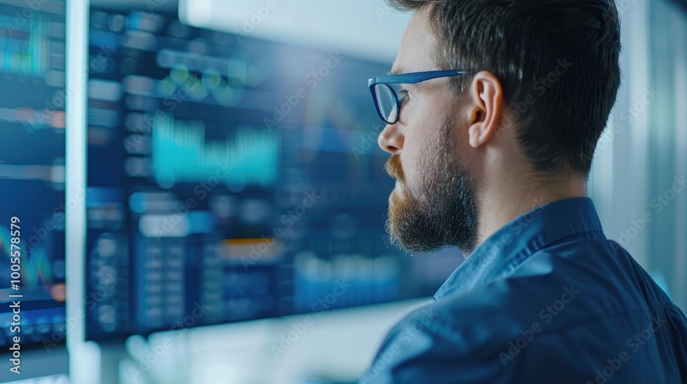 A bearded man wearing glasses focuses on multiple screens displaying data charts in a modern office environment, representing data analysis and technology.