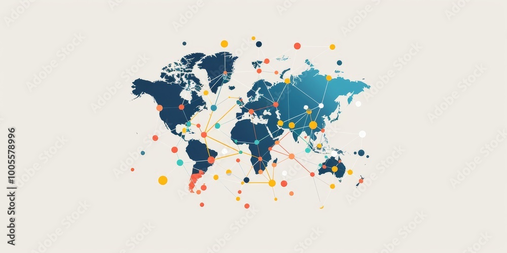 Obraz premium World map with interconnected nodes representing global network connections and communication on a light background.