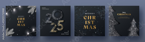 Xmas modern design with Christmas tree, snowflakes, pine branches, lights and number 2025 in silver gold colors on night black background. Luxury Christmas cards, posters, holiday covers, banners, ads