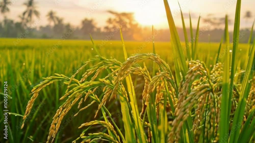 Bright green rice fields at sunset, showcasing the beauty of nature and agriculture with a beautiful rural landscape