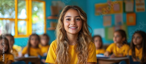 A young girl in a yellow shirt smiling at the camera while sitti photo