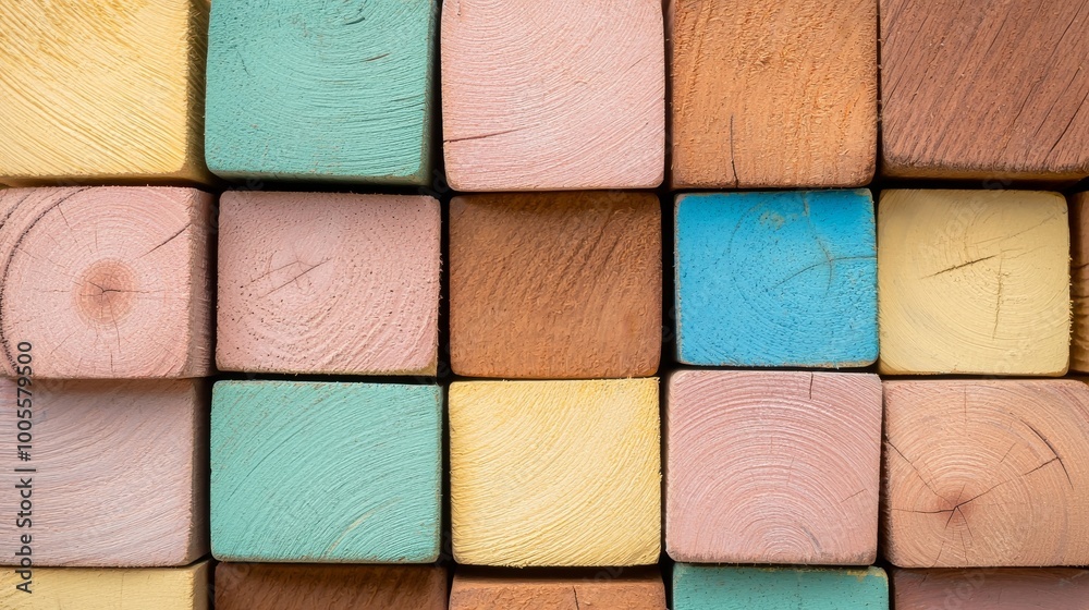 Fototapeta premium An aged art architecture texture abstract block stack on a wall is used for the backdrop, along with an abstract colorful wood texture.
