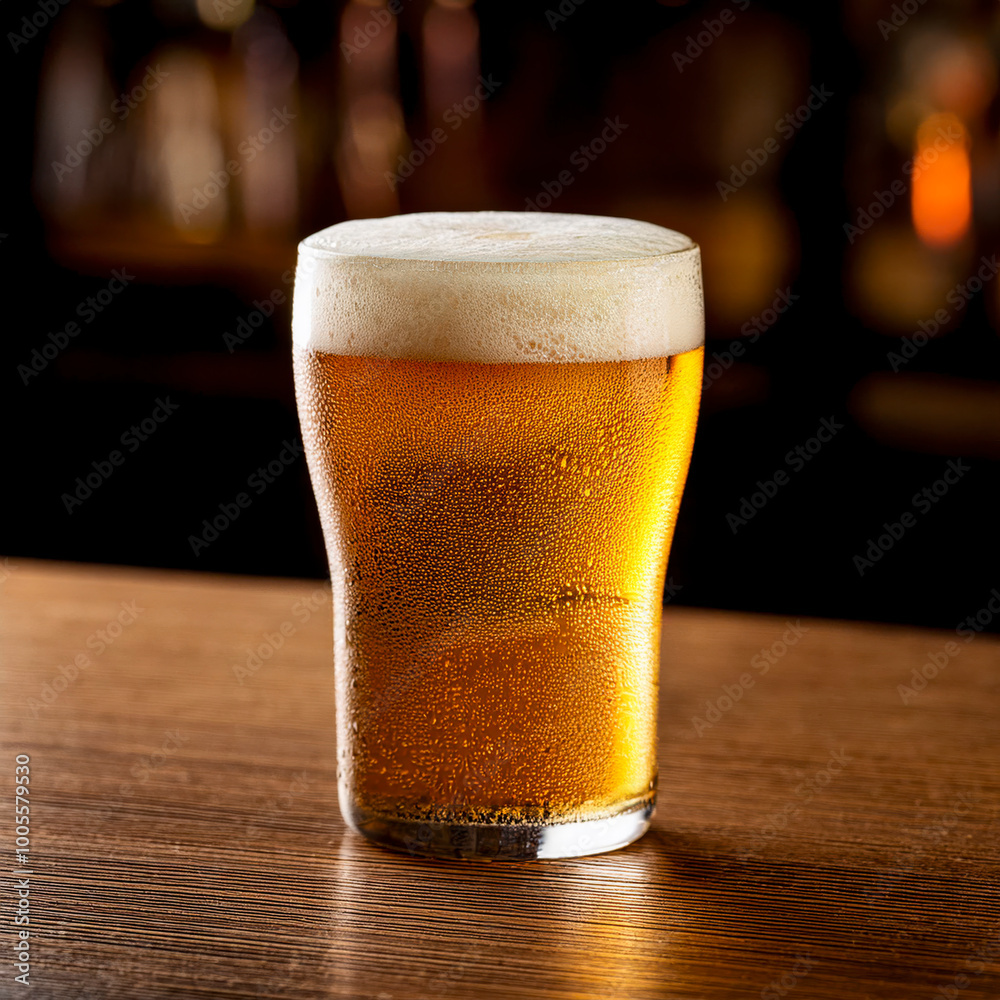 Generative artificial intelligence (AI) image of a full glass of frothy beer sitting on a brown wooden table top. Generative artificial intelligence (AI) image of a full glass of frothy beer sitting on a brown wooden table top.