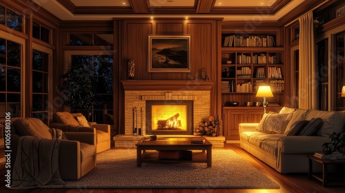 Cozy and warm living room at night with a fireplace, soft lighting, comfortable seating, and wooden decor creating a relaxing atmosphere.