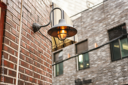 vintage light bulb, Lamp light on the brick wall outdoor ,classic lamp 