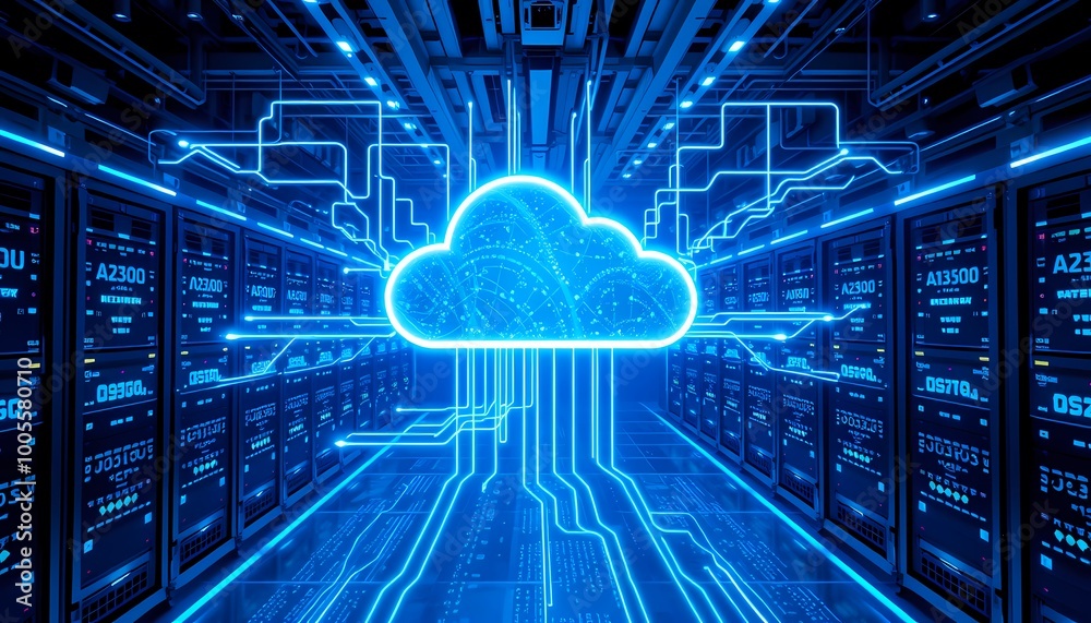 Fototapeta premium Neon Blue Cloud Computing Concept with Floating Servers and Cyber Data Streams