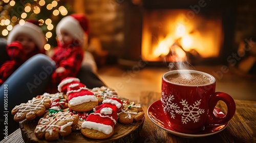 Wallpaper Mural Cozy holiday scene with a festive cup of hot chocolate, decorated cookies, and warmth from a fireplace, perfect for seasonal cheer. Torontodigital.ca
