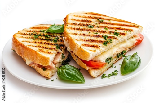 Grilled Turkey Panini. basil, provolone cheese on a plate Isolated on a white Background. Toast with cheese. generative ai