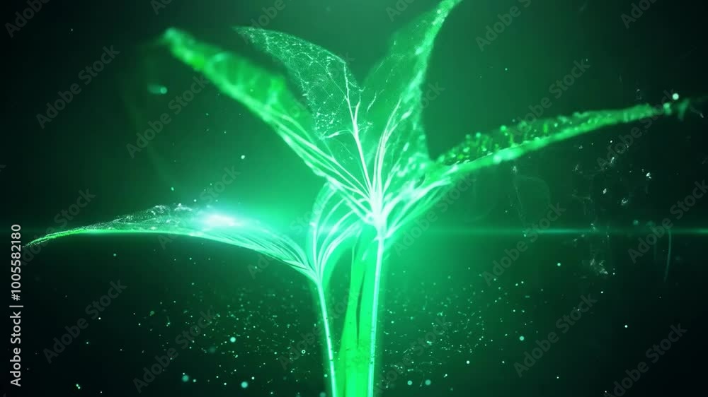 Digital elements and particles over green plant shoot. Ecology, environment, green energy, biotechnology concept. Ai-generated.