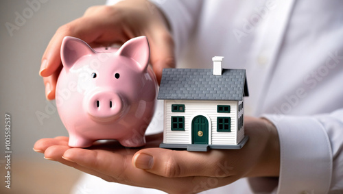 Hand holding piggy bank and house model, investment concept, business concept images