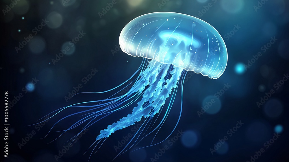 A bioluminescent jellyfish with long tentacles glows in the dark blue ocean water. A bioluminescent jellyfish with long tentacles glows in the dark blue ocean water.