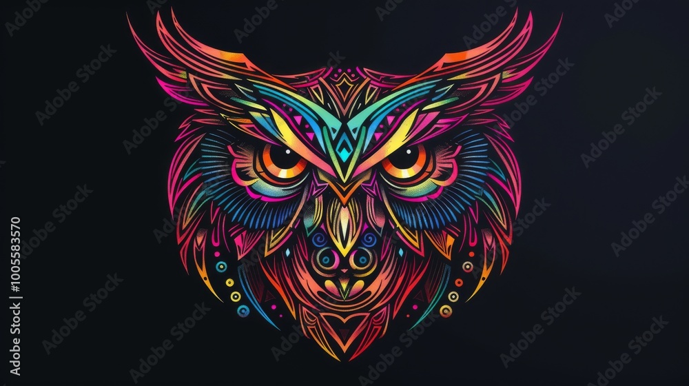 Minimalistic owl head featuring vibrant tribal designs.