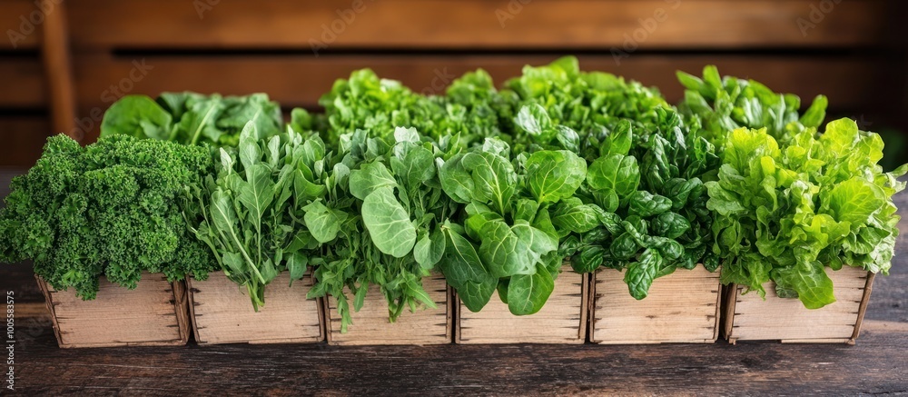 Fresh green leafy vegetables in wooden crates on a rustic wooden table. Fresh green leafy vegetables in wooden crates on a rustic wooden table.