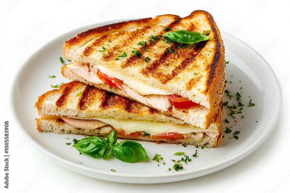 Grilled Turkey Panini. basil, provolone cheese on a plate Isolated on a white Background. Toast with cheese. generative ai Grilled Turkey Panini. basil, provolone cheese on a plate Isolated on a white Background. Toast with cheese. generative ai