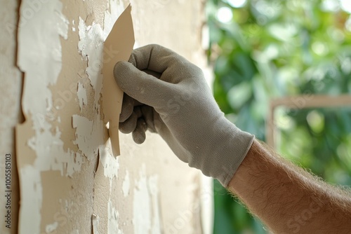 Removing old light wallpaper with a spatula and updating the wall room repair with a scraper. The worker uses a scraper to tear off the old light wallpaper from the wall.