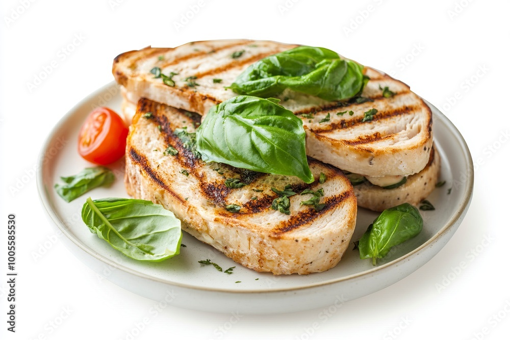 Grilled Turkey Panini. basil, provolone cheese on a plate Isolated on a white Background. Toast with cheese. generative ai Grilled Turkey Panini. basil, provolone cheese on a plate Isolated on a white Background. Toast with cheese. generative ai