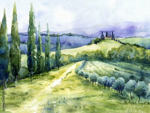 A Tuscan landscape with rolling hills, cypress trees, and a rustic villa in the distance. The watercolor painting captures the beauty of the countryside with soft colors and gentle brushstrokes.