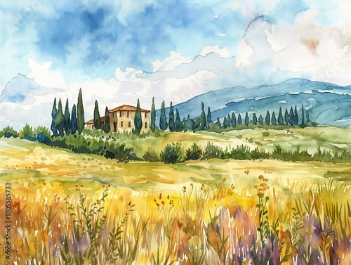 A picturesque landscape of a Tuscan countryside with golden fields, tall cypress trees, and a traditional villa in the distance. The bright blue sky and rolling hills evoke a sense of natural beauty.