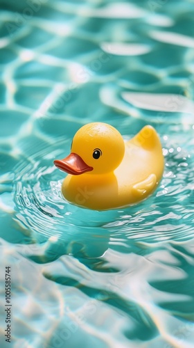 Yellow rubber duck floating in a pool, playful summer concept