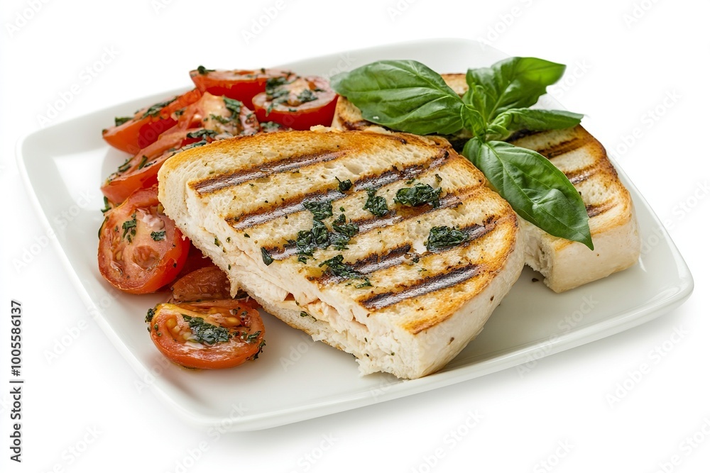 Grilled Turkey Panini. basil, provolone cheese on a plate Isolated on a white Background. Toast with cheese. generative ai Grilled Turkey Panini. basil, provolone cheese on a plate Isolated on a white Background. Toast with cheese. generative ai